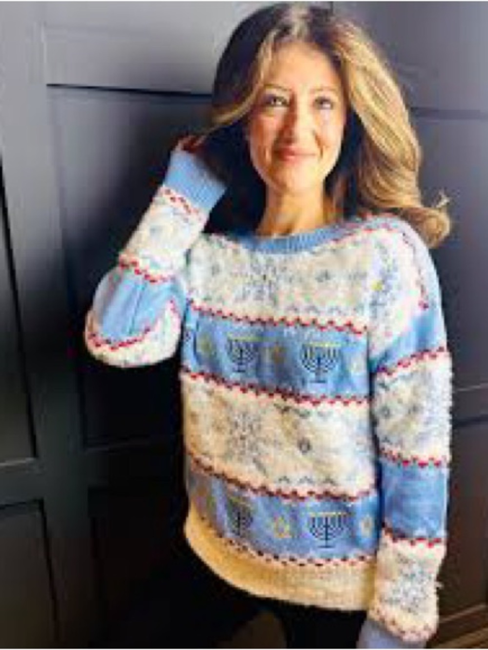 Light Blue and White Hanukkah Motif Sweater Large